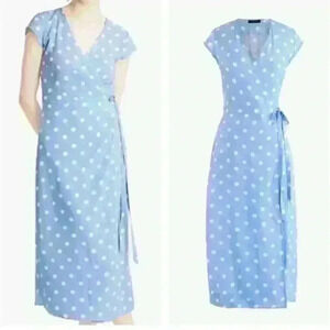 J Crew midi wrap blue dress in white polka dots